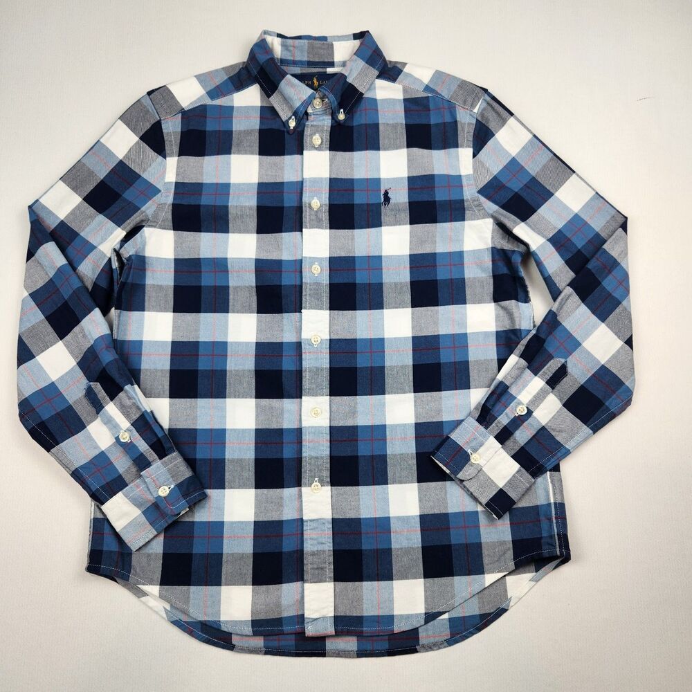 Polo Ralph Lauren Boys Button Shirt L 14 - 16 Blue Plaid Long Sleeve Preppy Pony